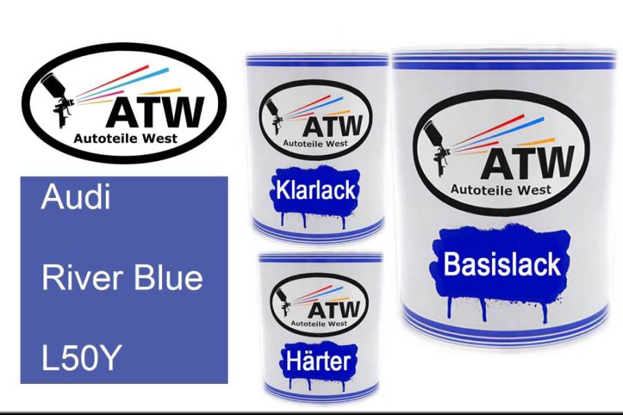 Audi, River Blue, L50Y: 1L Lackdose + 1L Klarlack + 500ml Härter - Set, von ATW Autoteile West.